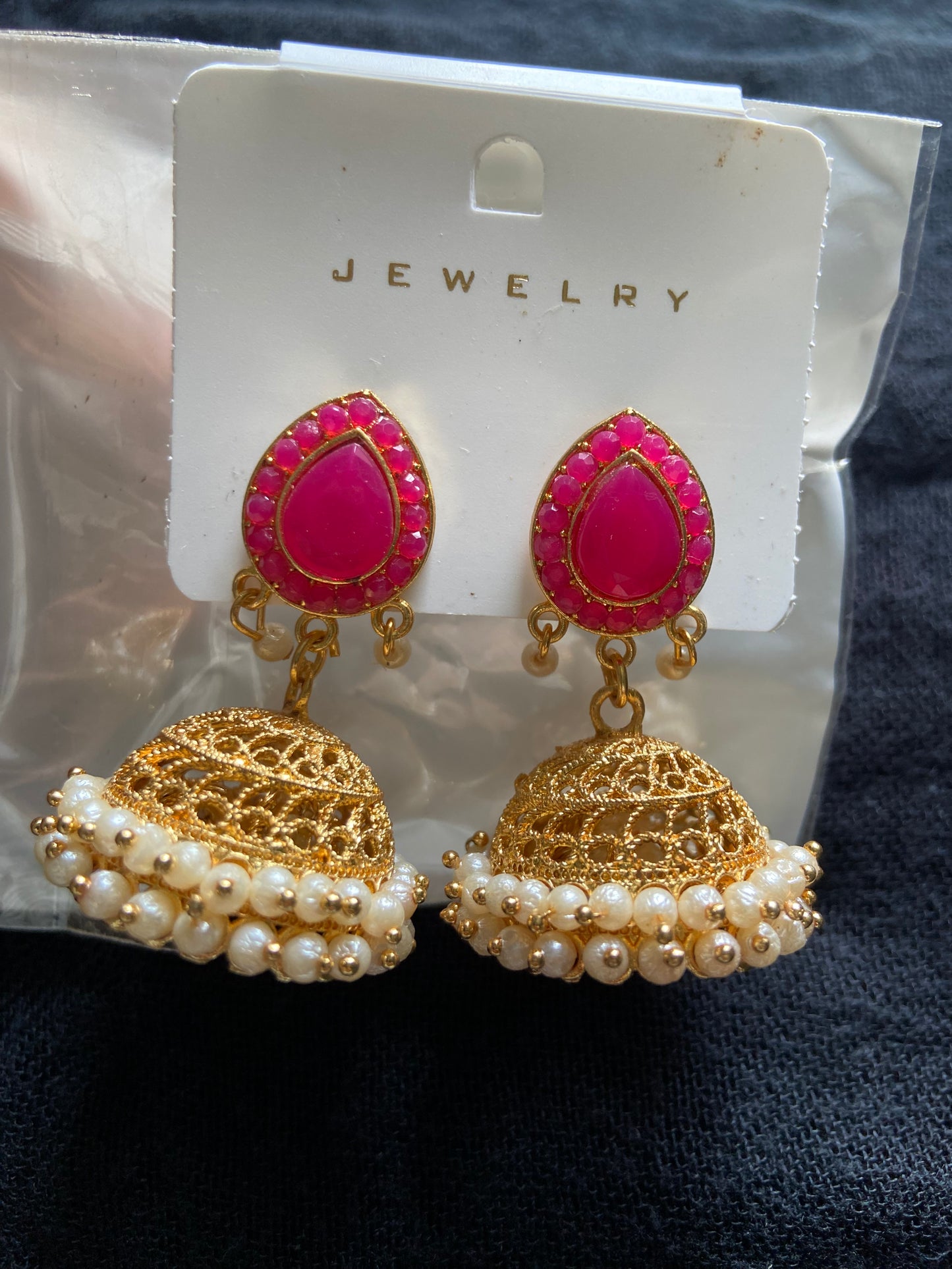 Pink & Golden Jhumka with Pearls