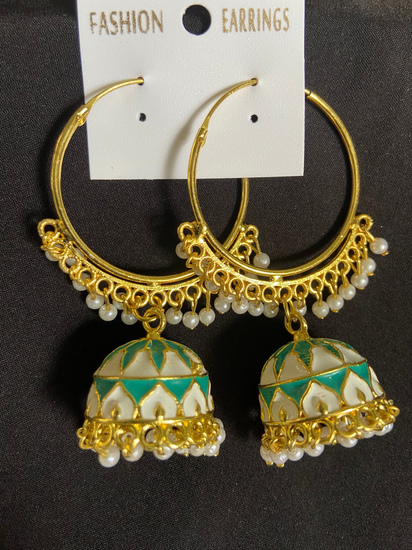 Green & White Meenakari Hoop Jhumka