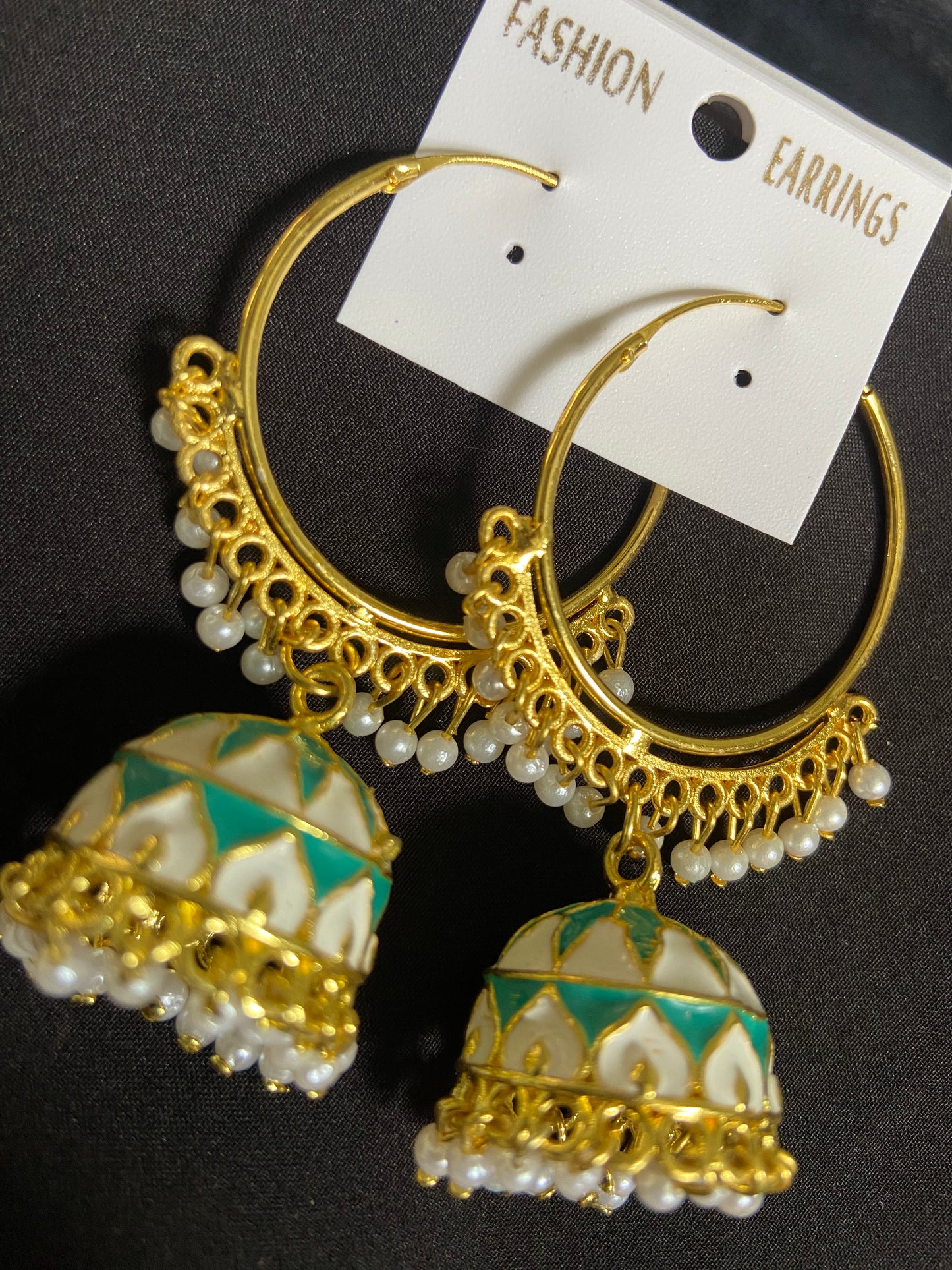 Green & White Meenakari Hoop Jhumka