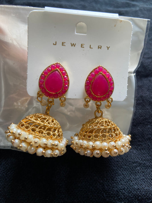 Pink & Golden Jhumka with Pearls