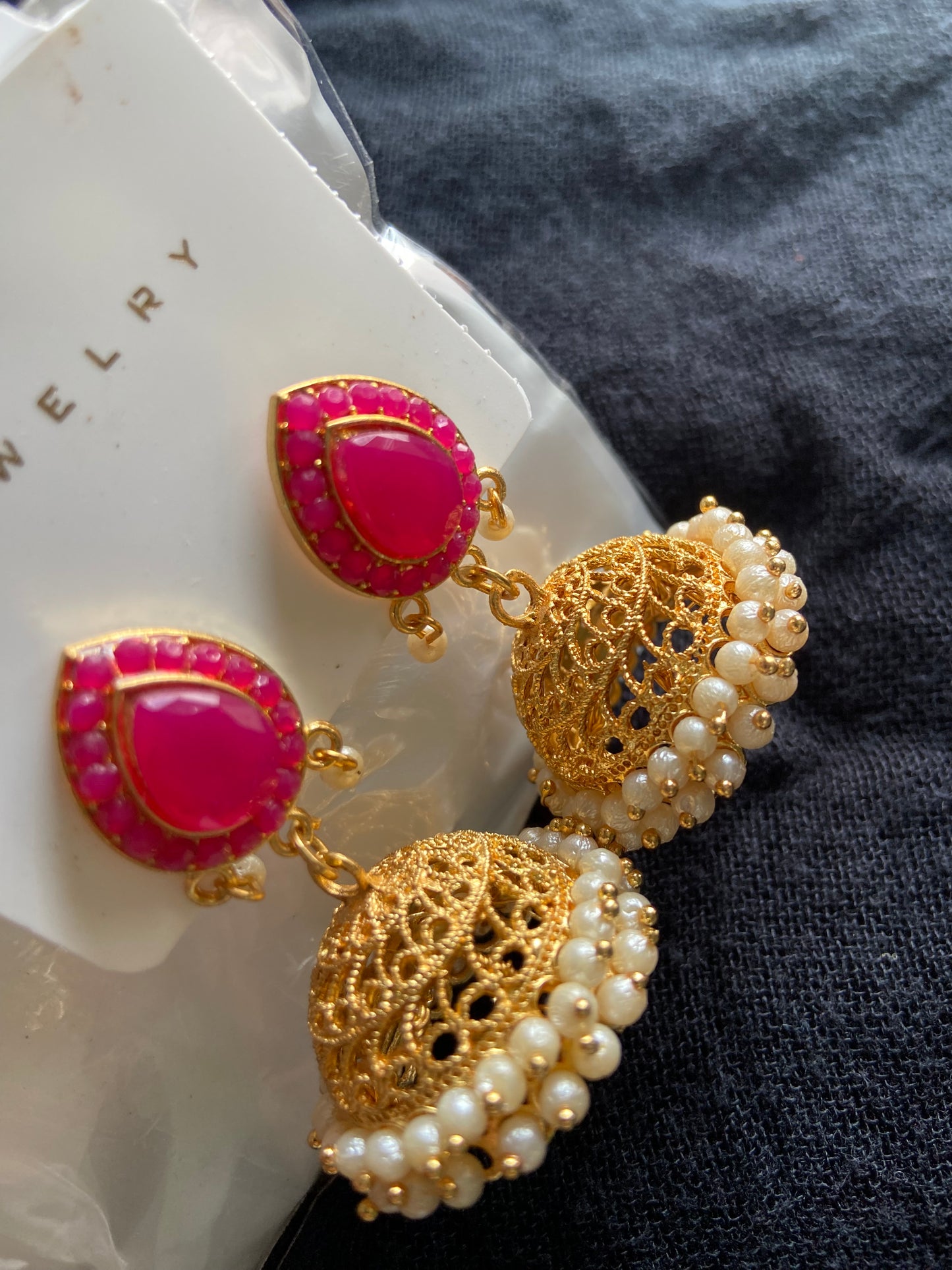 Pink & Golden Jhumka with Pearls