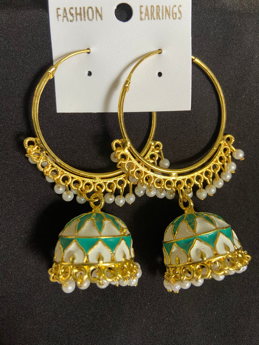 Green & White Meenakari Hoop Jhumka